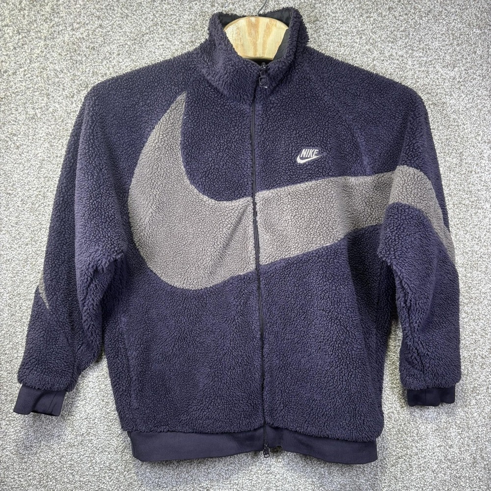 Nike Reversible Jacket Womens 2XL Blue Gray Sherpa Fleece Full Zip Swoosh Logo